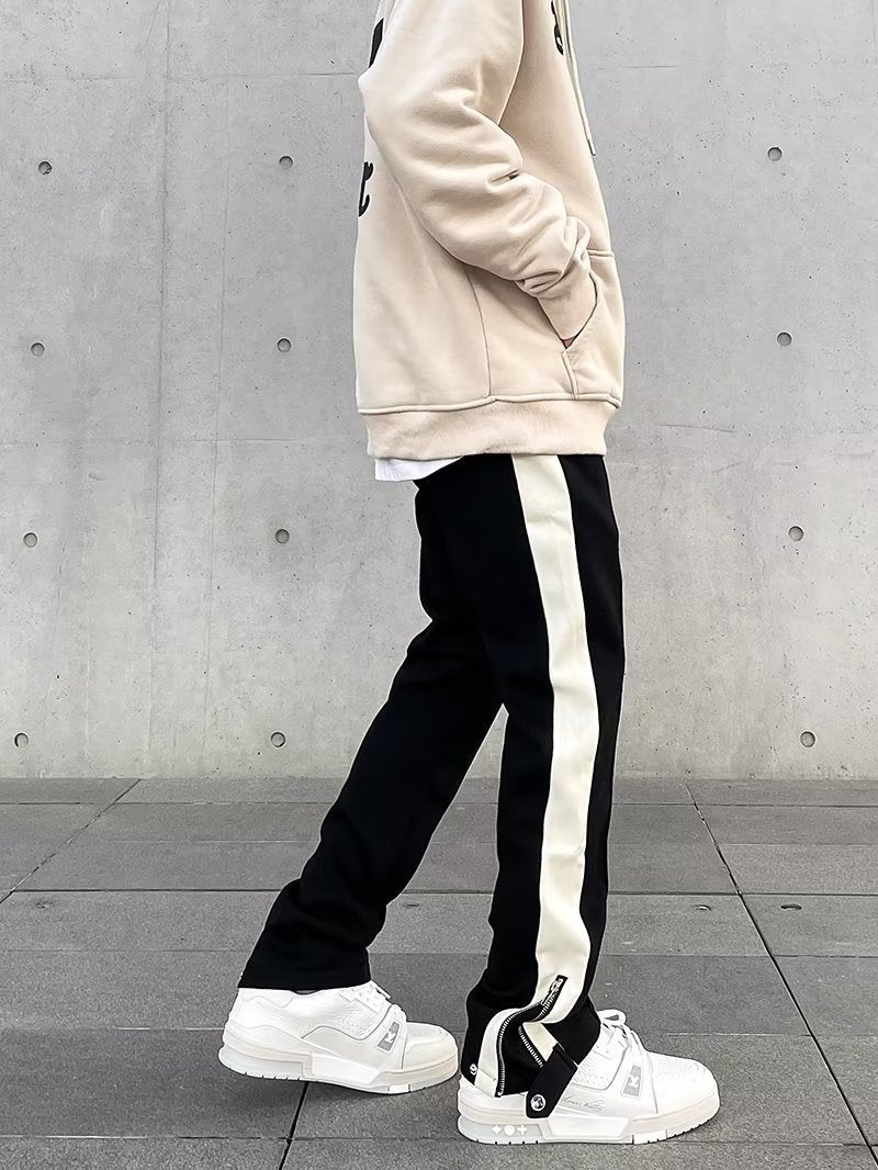 Orrin | Men's Streetwear Wide Leg Pants Black Cream Side Stripe