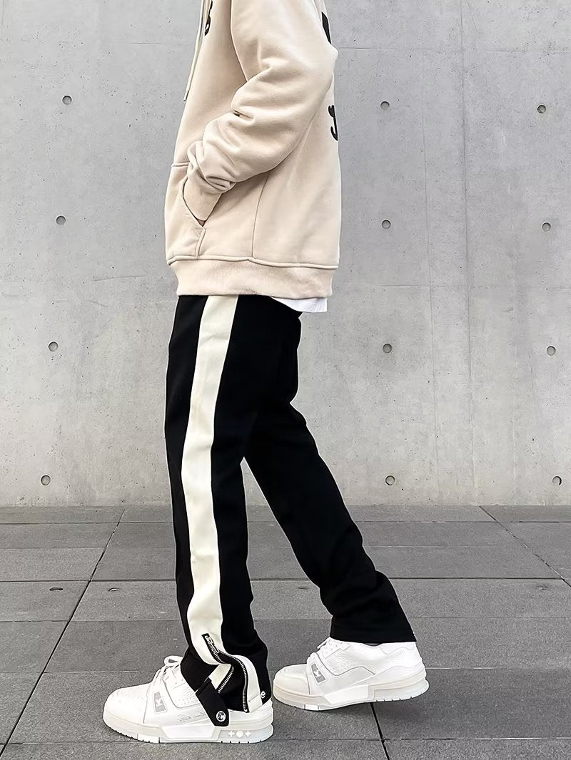 Orrin | Men's Streetwear Wide Leg Pants Black Cream Side Stripe