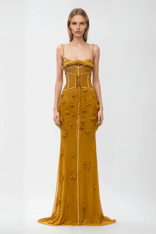Luisa | Women's Corset Maxi Dress Gold Textured Puff Detail