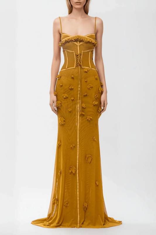 Luisa | Women's Corset Maxi Dress Gold Textured Puff Detail