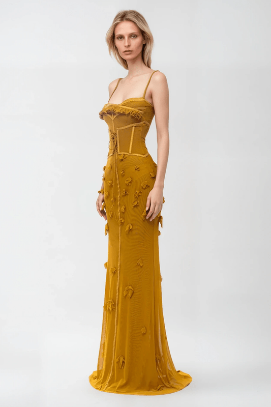 Luisa | Women's Corset Maxi Dress Gold Textured Puff Detail