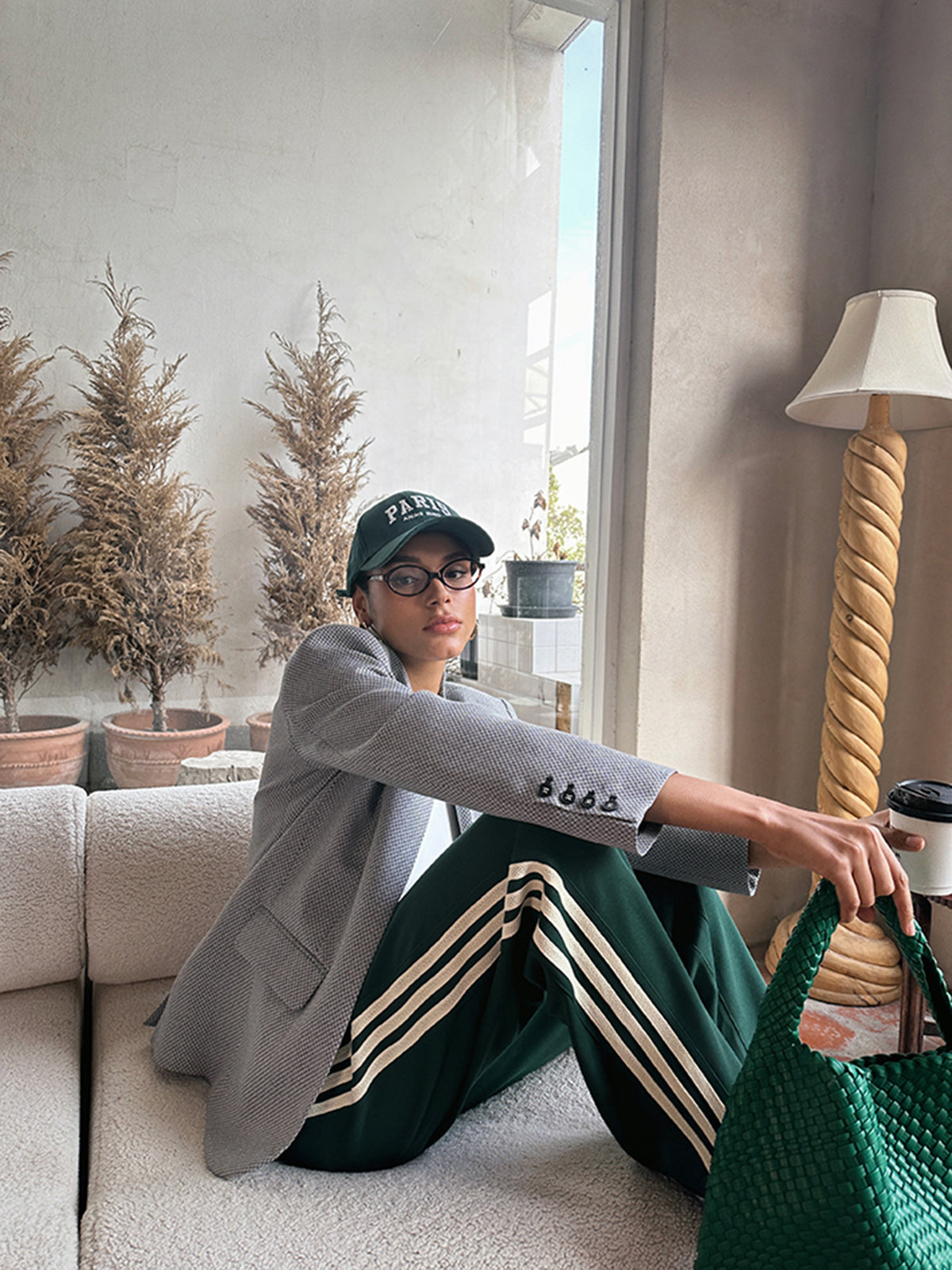 Isla | Women's Track Pants Green White Stripe Wide Leg