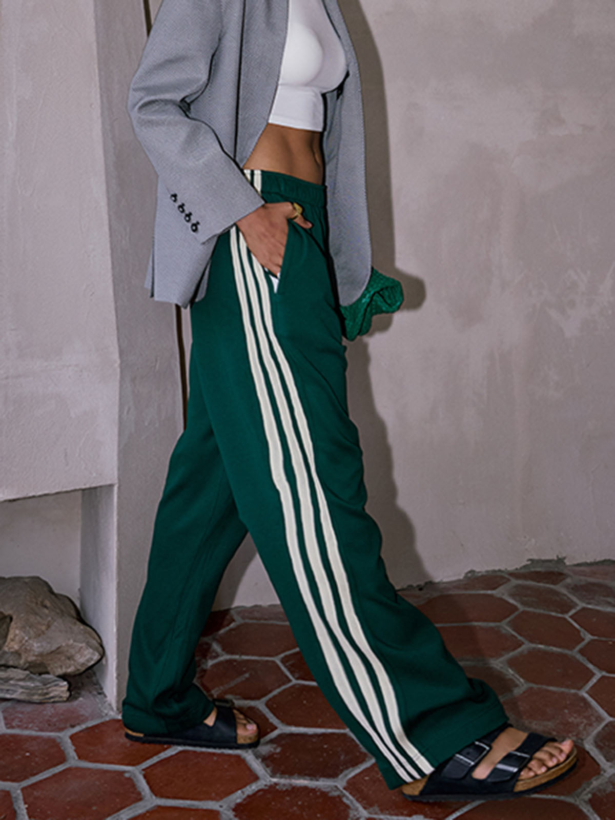 Isla | Women's Track Pants Green White Stripe Wide Leg