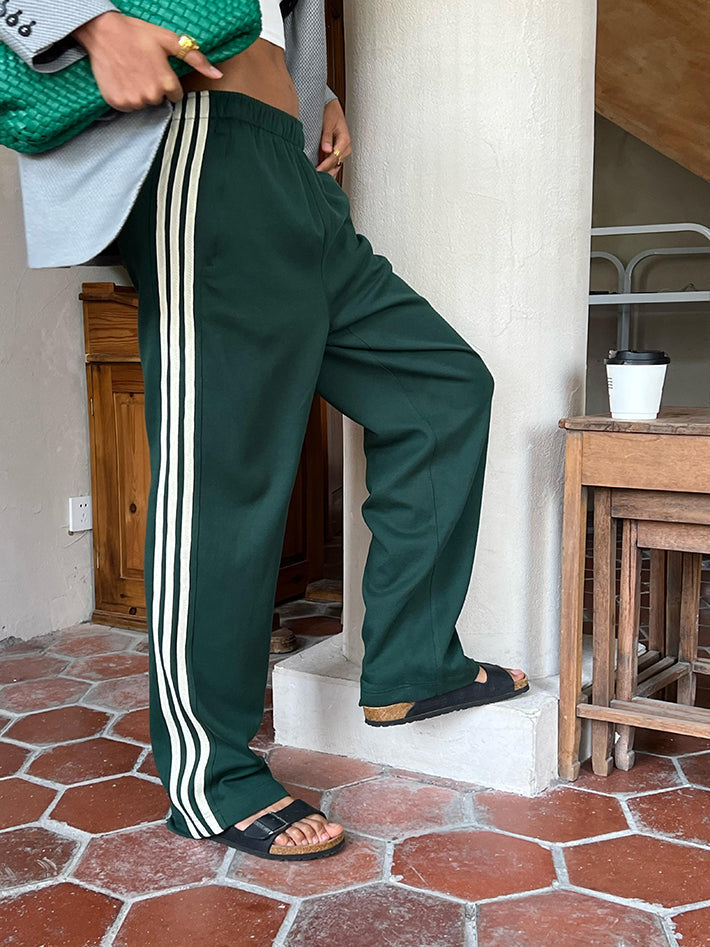 Isla | Women's Track Pants Green White Stripe Wide Leg