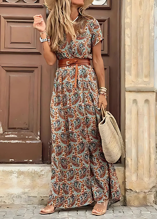 Elise | Women's Floral Maxi Dress Cream Red Short Sleeve