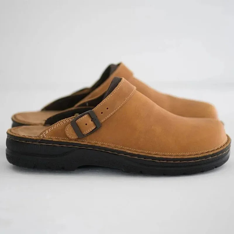 Voss | Men's Leather Clogs Brown Buckle Slip On