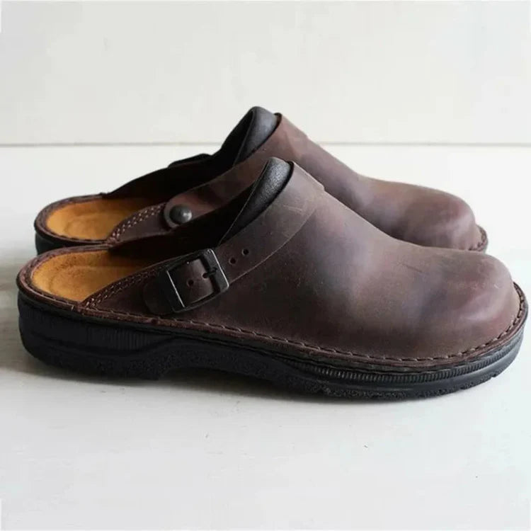 Voss | Men's Leather Clogs Brown Buckle Slip On