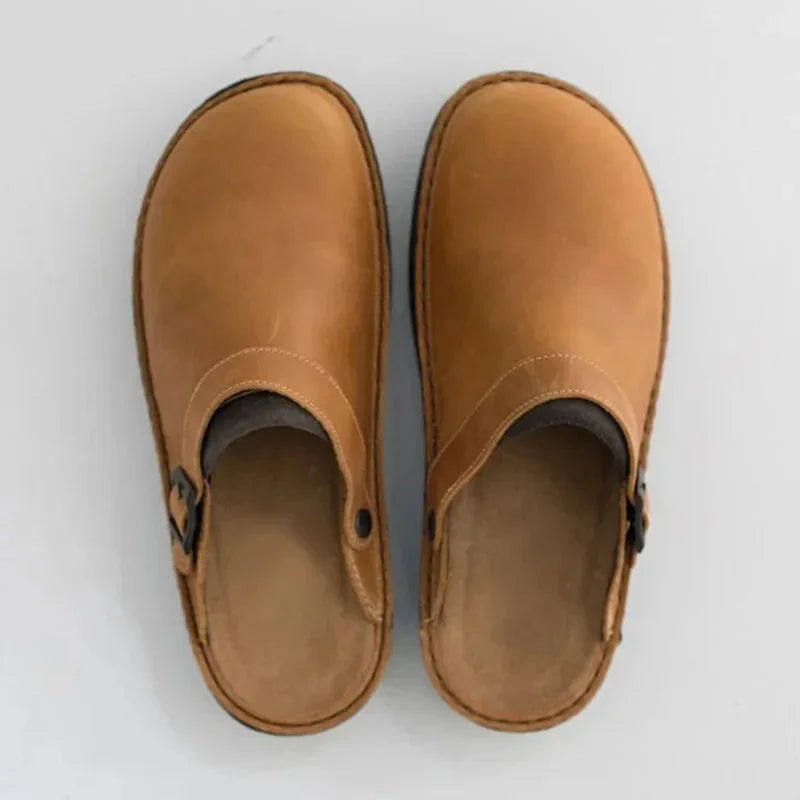 Voss | Men's Leather Clogs Brown Buckle Slip On