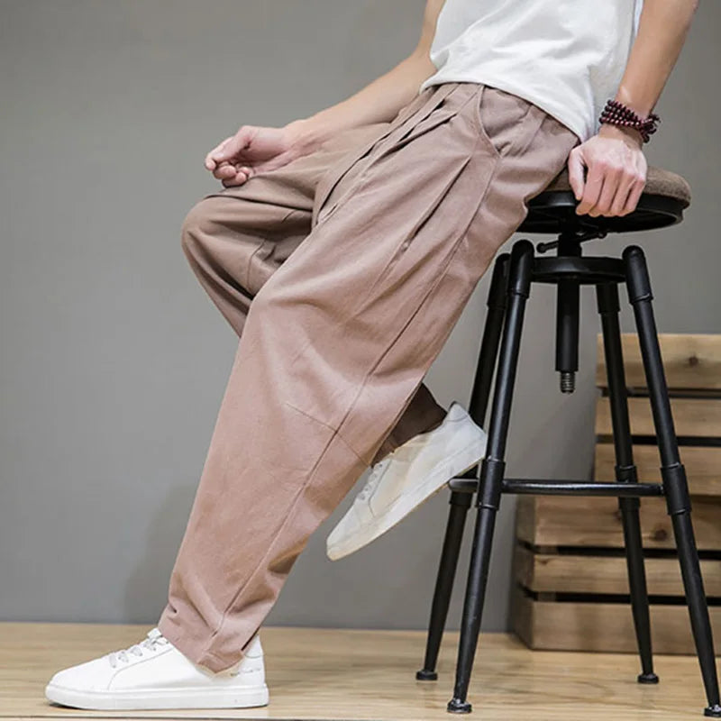 Rowan | Men's Relaxed Linen Pants Beige Pleated