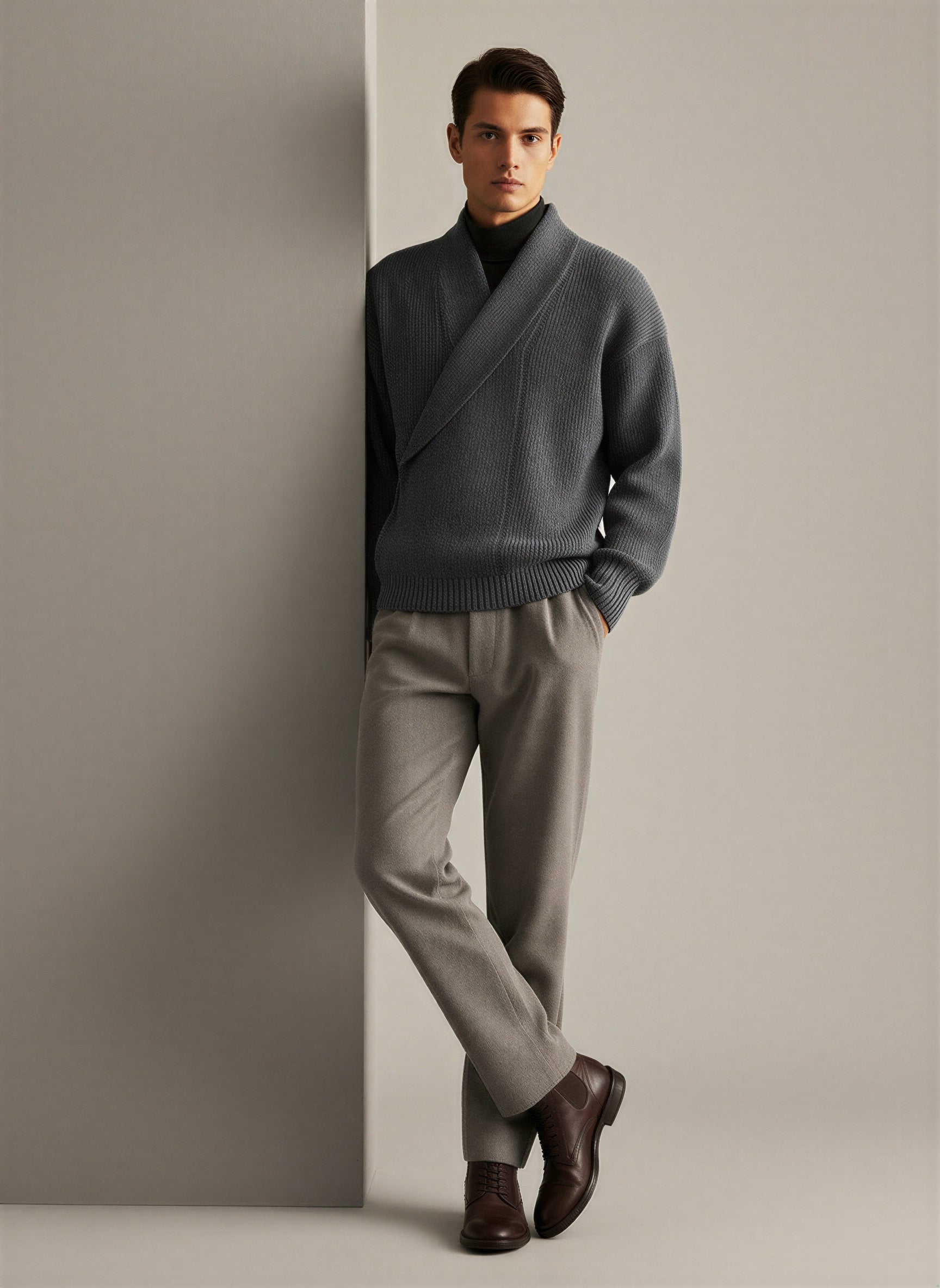 Voss | Men's Shawl Collar Sweater Gray Ribbed Knit