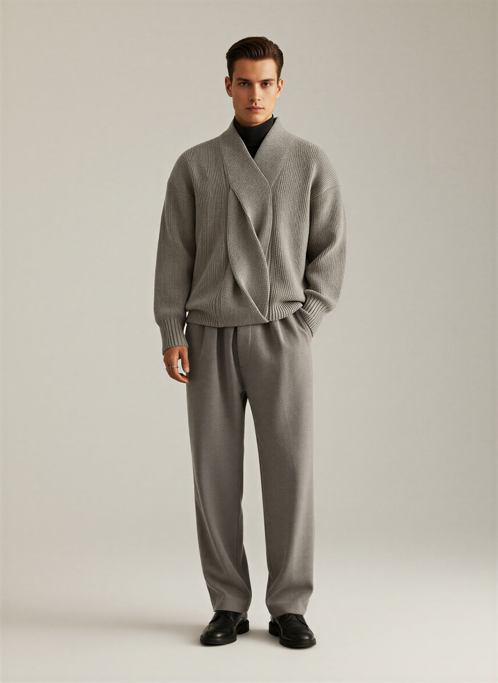 Voss | Men's Shawl Collar Sweater Gray Ribbed Knit