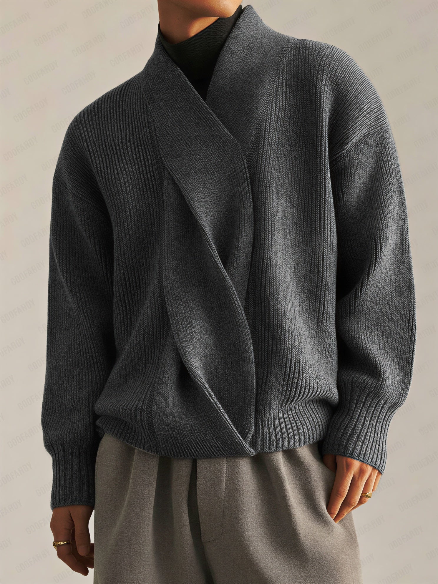 Voss | Men's Shawl Collar Sweater Gray Ribbed Knit