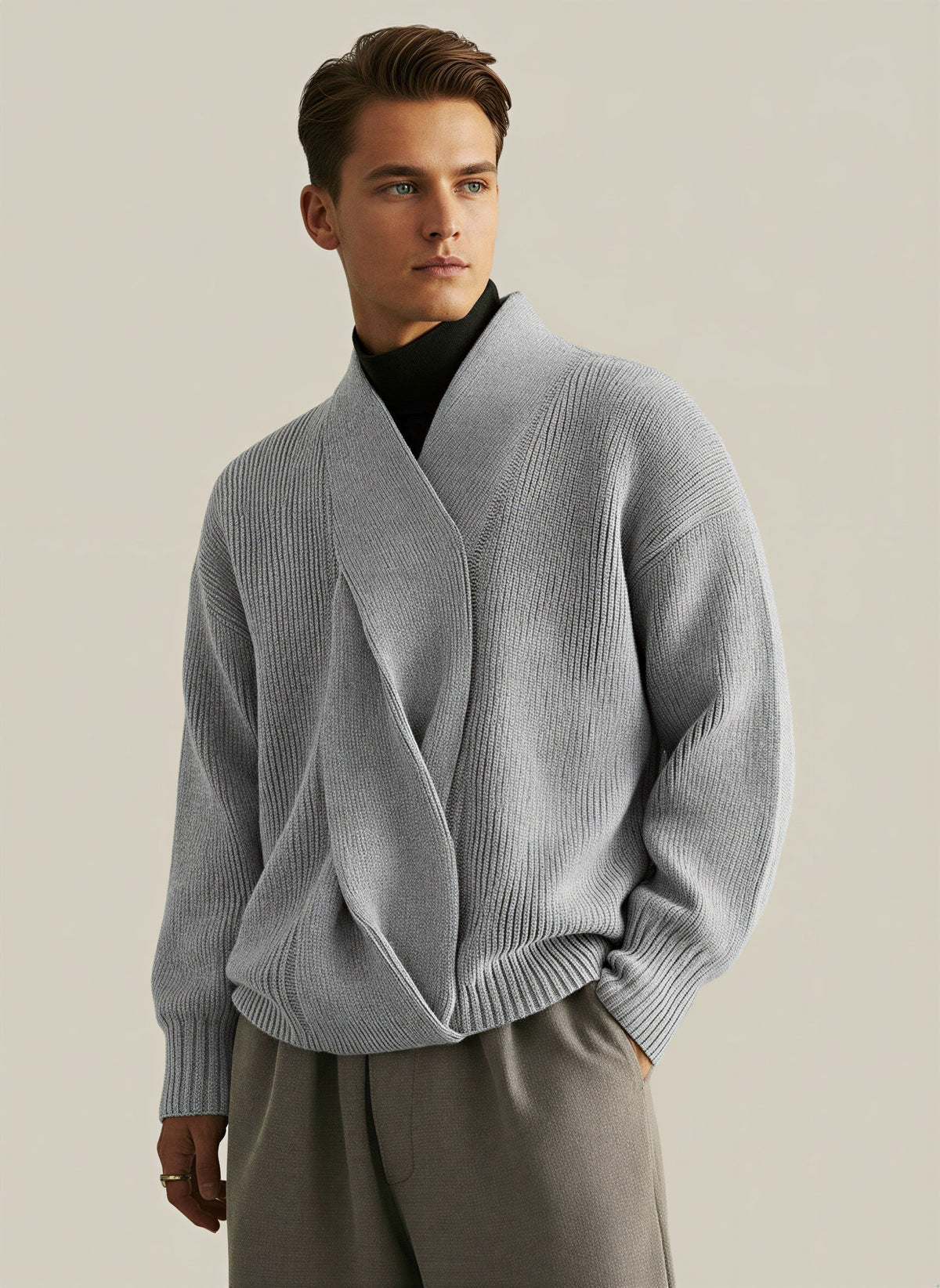 Dama Washington Voss men's shawl collar sweater gray ribbed knit - view 4