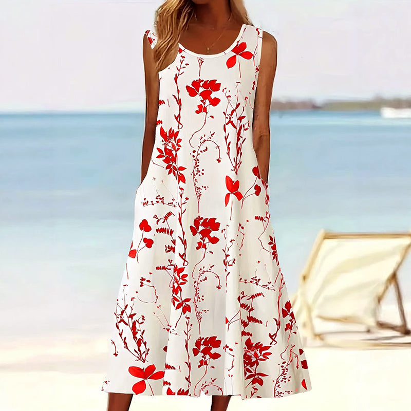 Esme | Women's Floral Midi Dress Sleeveless Cream Navy