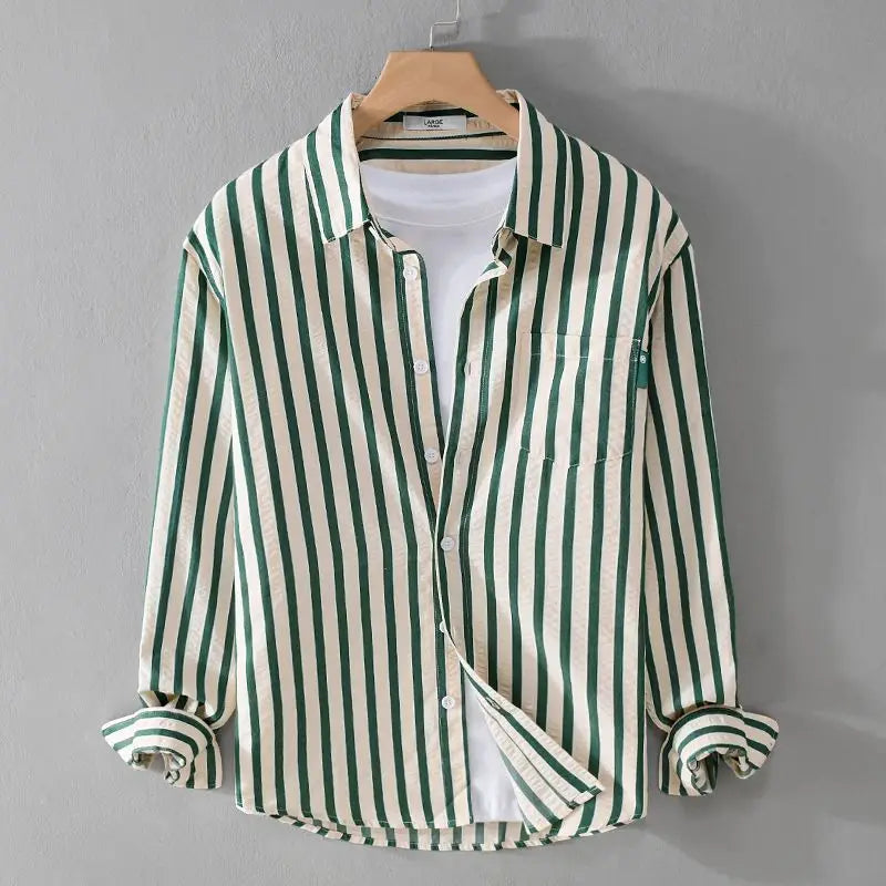 Axel | Men's Striped Button Up Shirt Cream Brown Long Sleeve