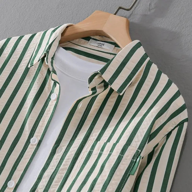 Axel | Men's Striped Button Up Shirt Cream Brown Long Sleeve