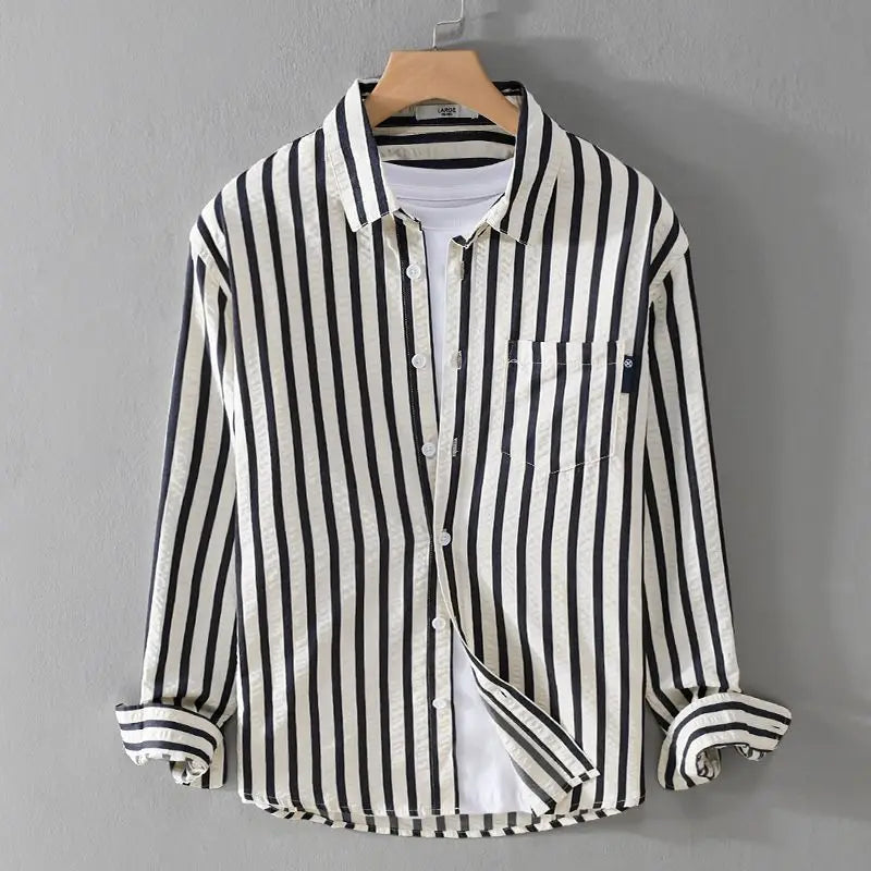 Axel | Men's Striped Button Up Shirt Cream Brown Long Sleeve