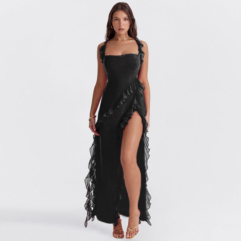 Elise | Women's Ruffle Maxi Dress Burgundy Off Shoulder