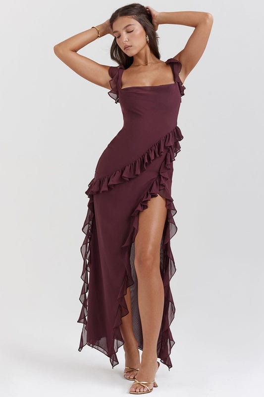 Elise | Women's Ruffle Maxi Dress Burgundy Off Shoulder