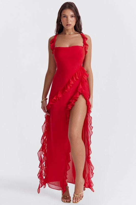 Elise | Women's Ruffle Maxi Dress Burgundy Off Shoulder