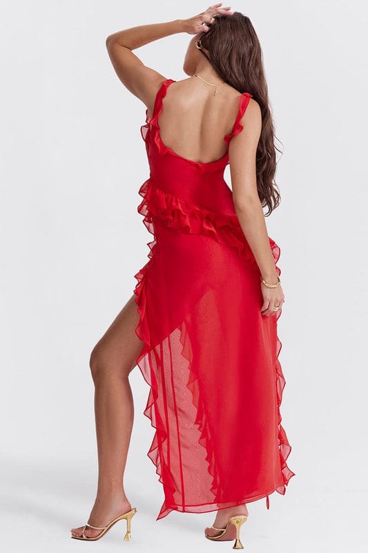 Elise | Women's Ruffle Maxi Dress Burgundy Off Shoulder