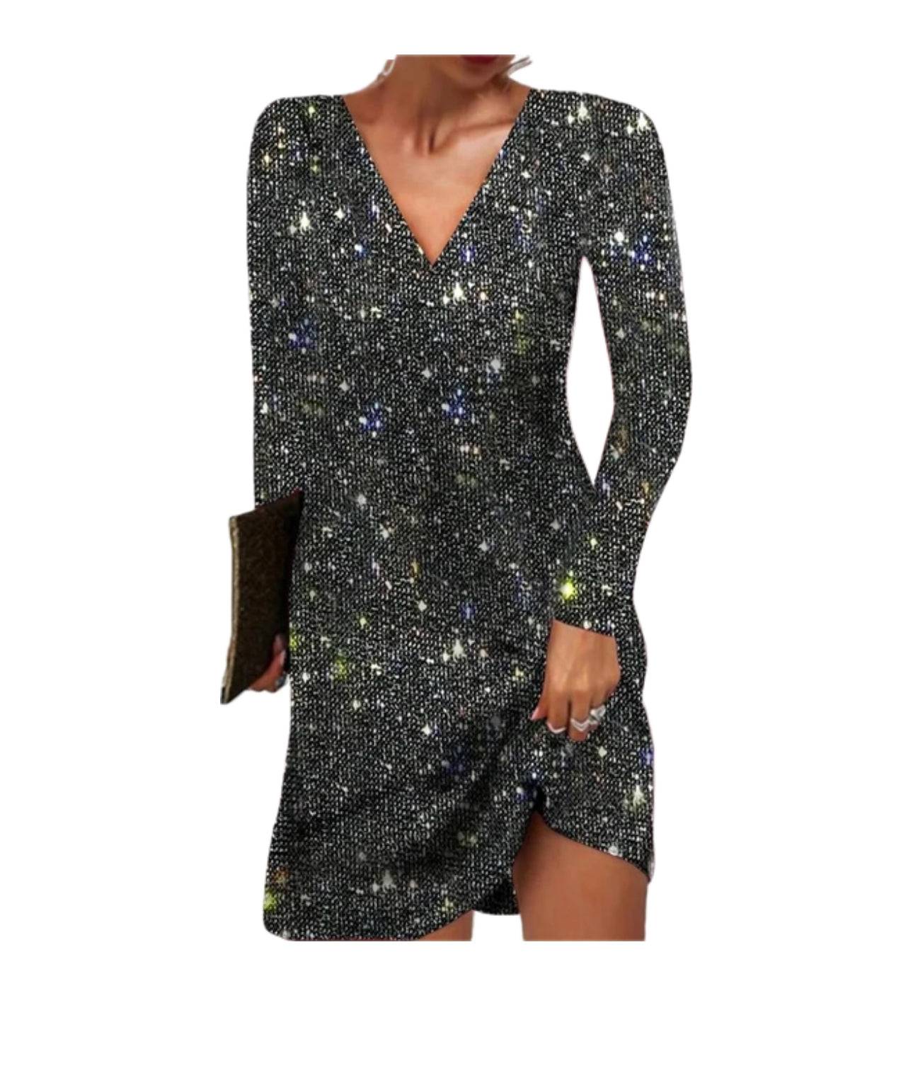 Rue | Women's Sequin Dress Silver V Neck Long Sleeve
