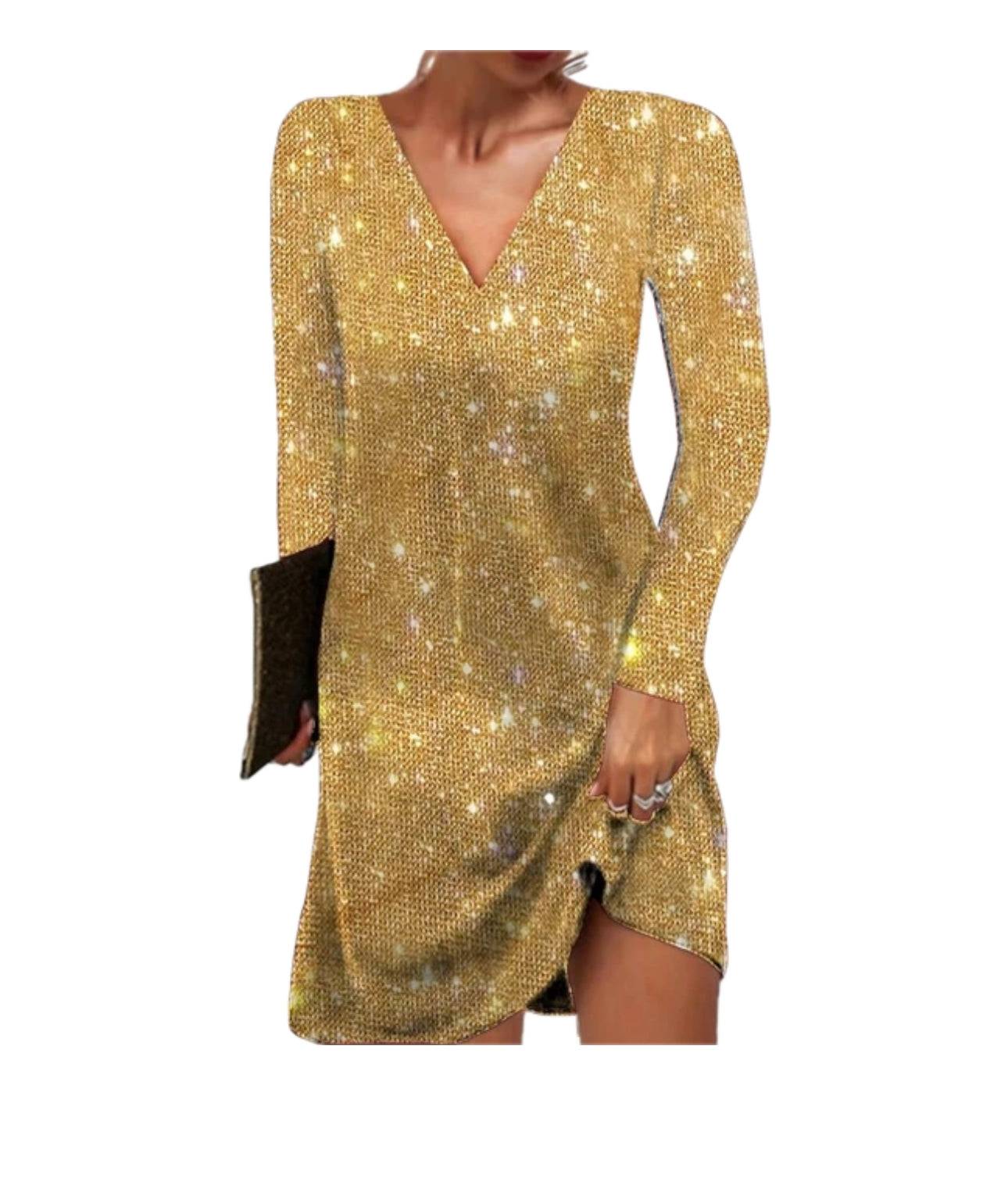 Rue | Women's Sequin Dress Silver V Neck Long Sleeve