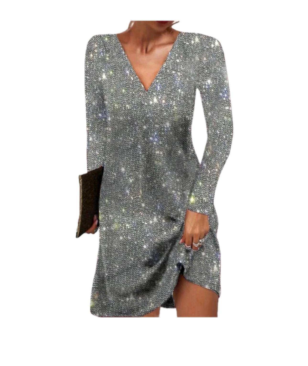 Rue | Women's Sequin Dress Silver V Neck Long Sleeve