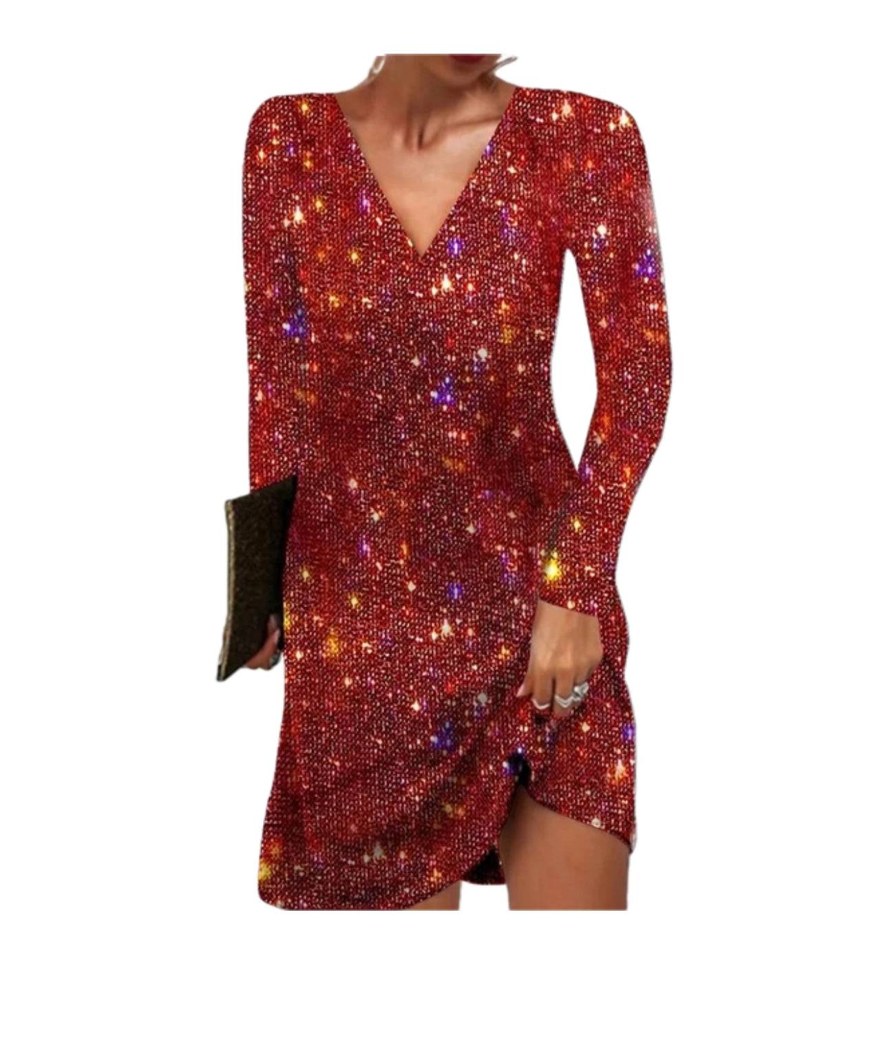 Rue | Women's Sequin Dress Silver V Neck Long Sleeve