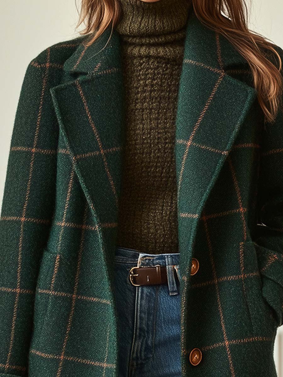 Greta | Women's Plaid Wool Jacket Green Brown Button Front