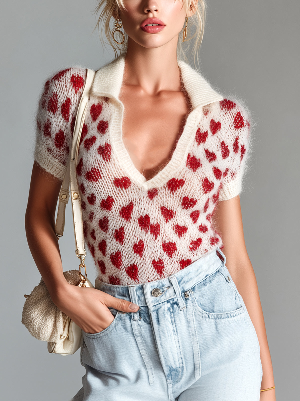 Vera | Women's Heart Print Knit Top Cream Red