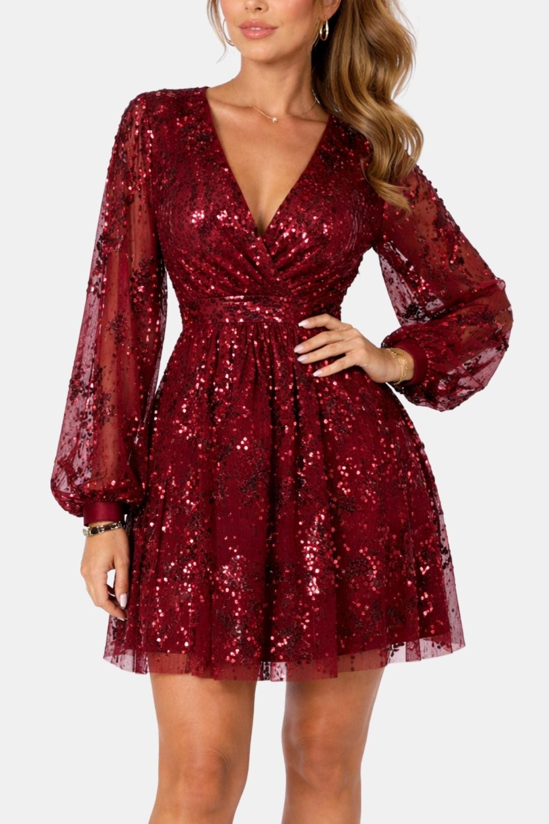 Vera | Women's Sequin Mini Dress Long Sleeve Burgundy