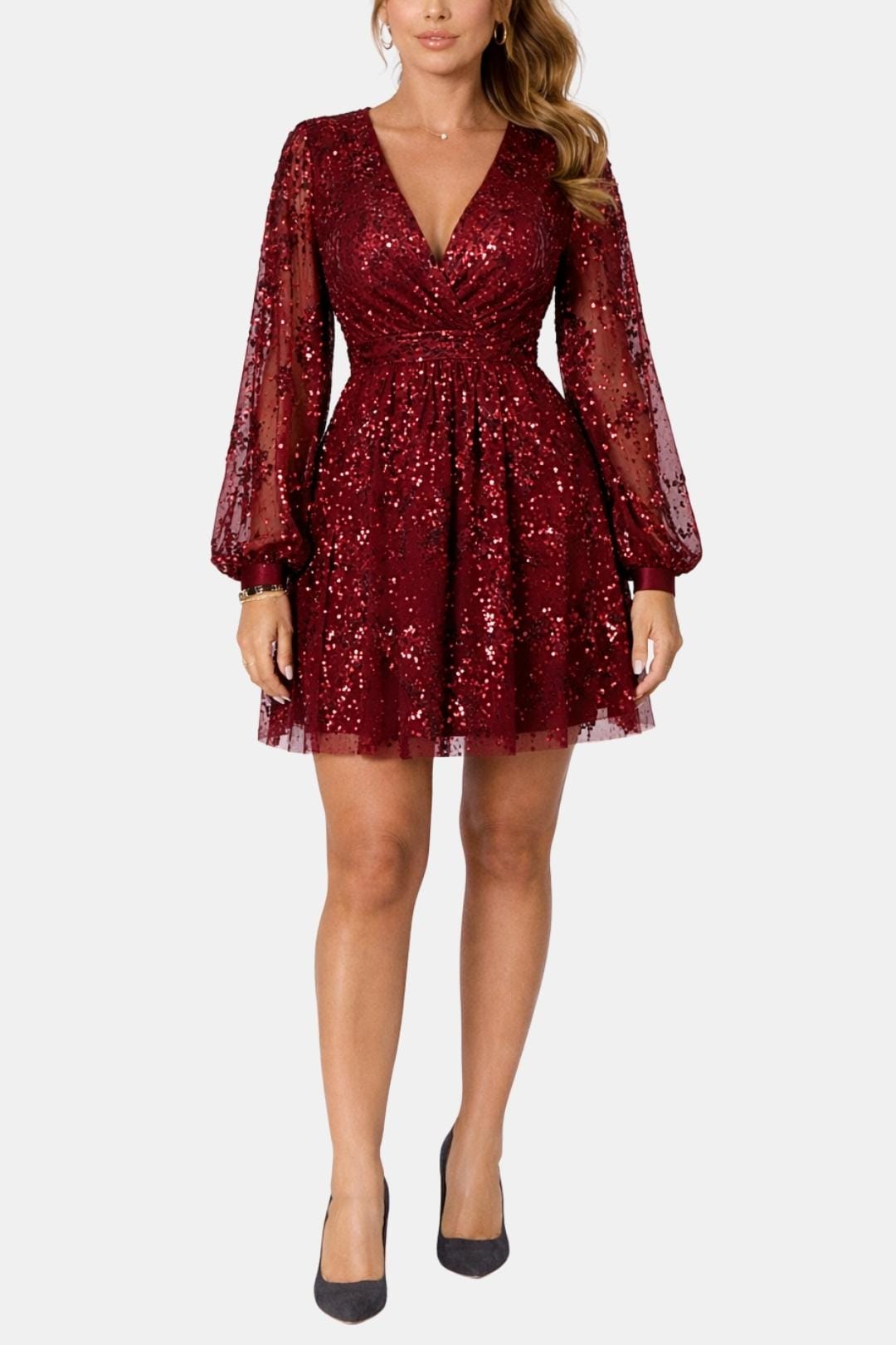 Vera | Women's Sequin Mini Dress Long Sleeve Burgundy
