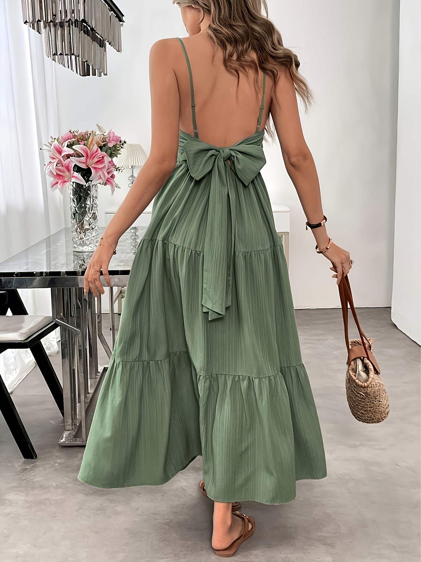 Stella | Women's Backless Maxi Dress Green Bow Tie