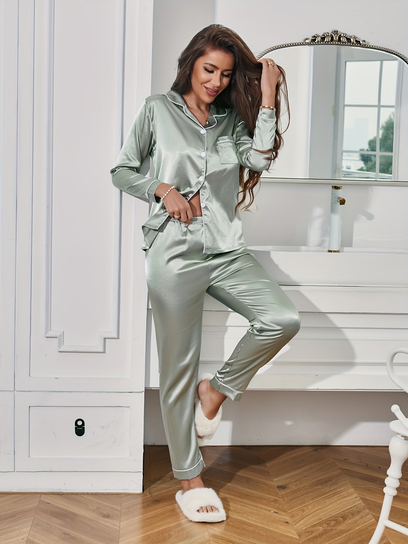 Sable | Women's Satin Pajama Set Cream Button Up