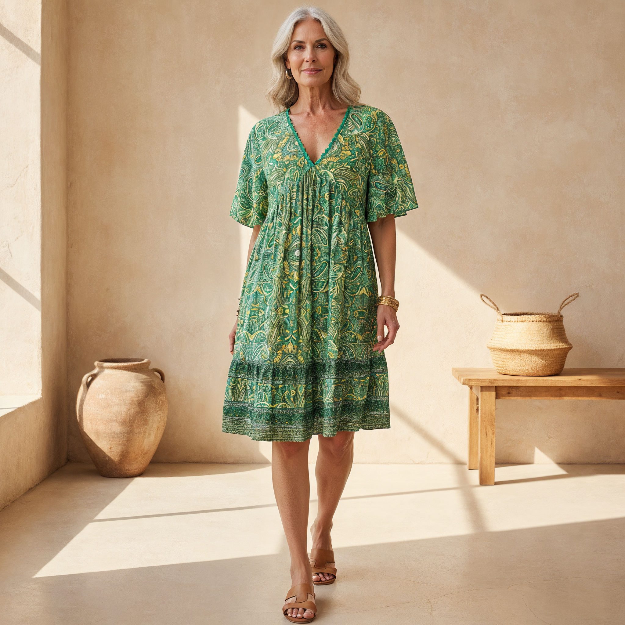 Luisa | Women's Boho Floral Midi Dress Green Yellow