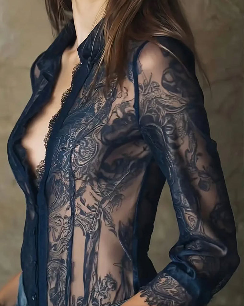 Camille | Women's Lace Button Up Blouse Navy Sheer