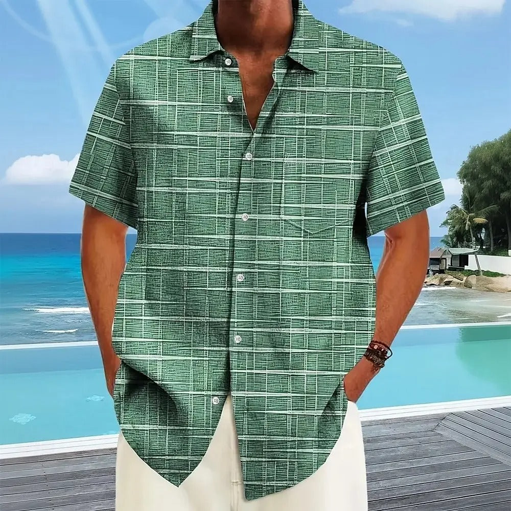 Axel | Men's Check Button Up Shirt Green White Short Sleeve