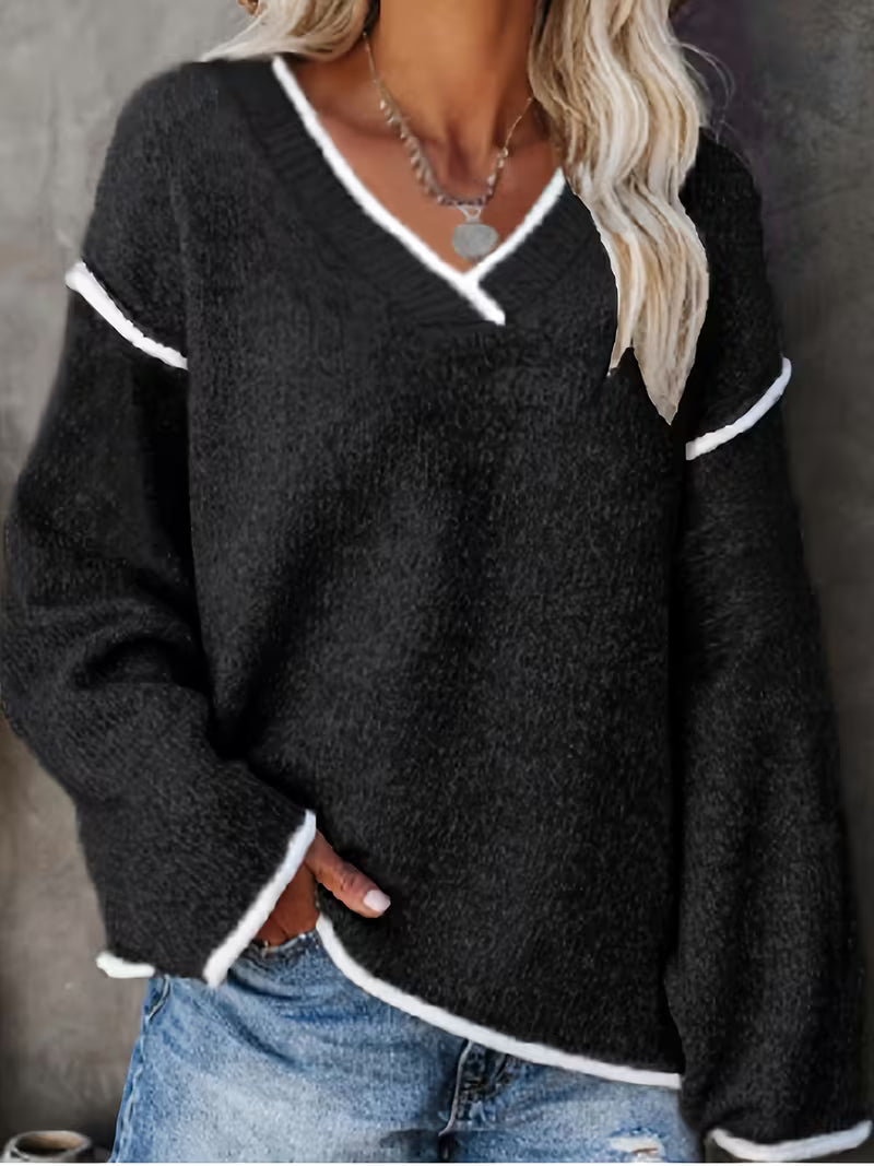 Greta | Women's V Neck Sweater Gray White Trim Oversized
