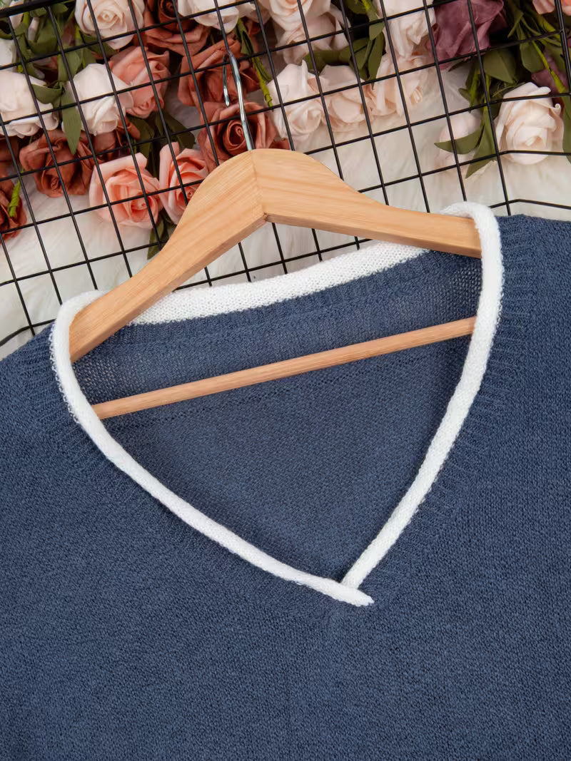 Greta | Women's V Neck Sweater Gray White Trim Oversized