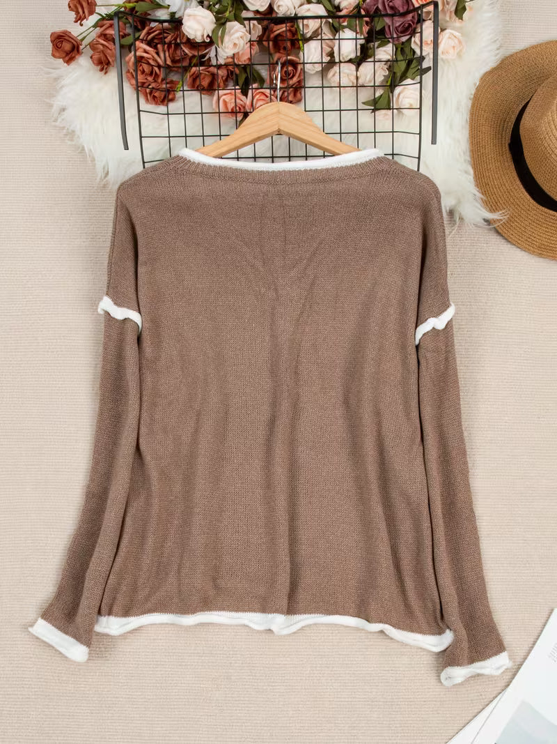 Greta | Women's V Neck Sweater Gray White Trim Oversized