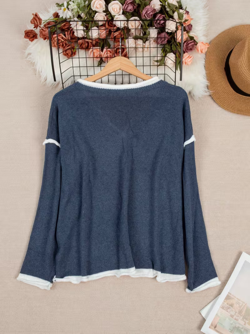 Greta | Women's V Neck Sweater Gray White Trim Oversized