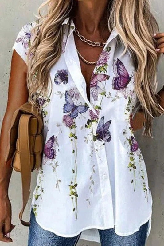Thea | Women's Floral Button Down Shirt White Purple