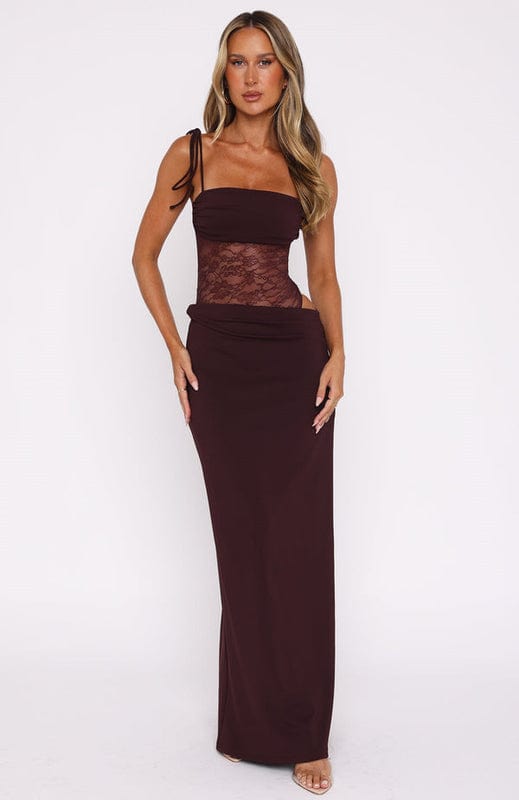 Esme | Women's Strapless Lace Maxi Dress Burgundy