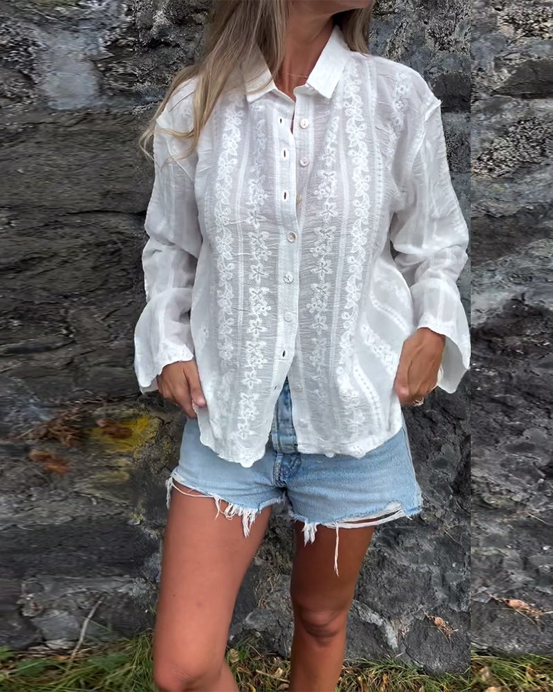Demi | Women's Lace Button Down Shirt White Long Sleeve