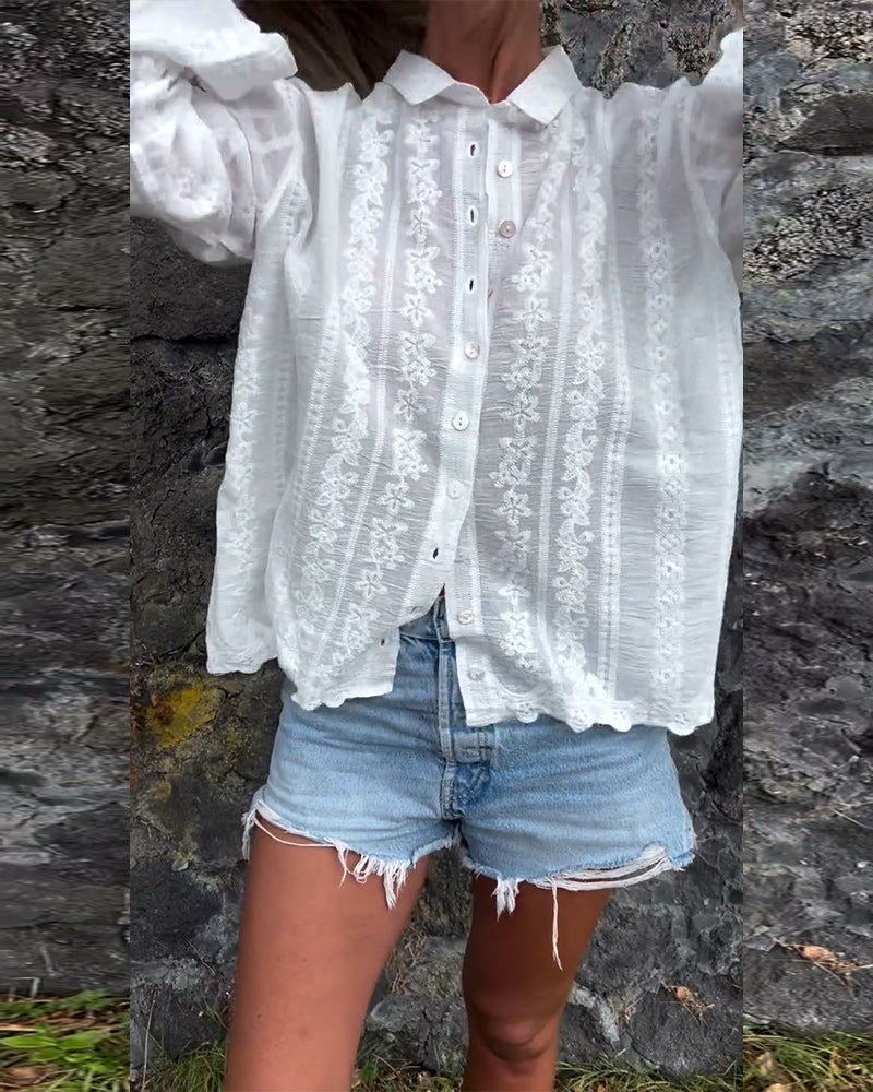 Demi | Women's Lace Button Down Shirt White Long Sleeve