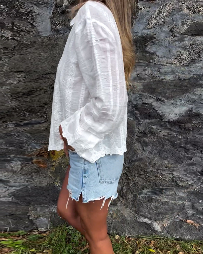 Demi | Women's Lace Button Down Shirt White Long Sleeve
