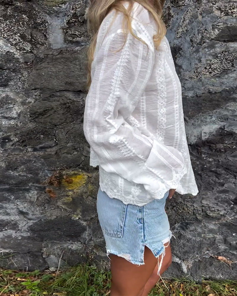 Demi | Women's Lace Button Down Shirt White Long Sleeve