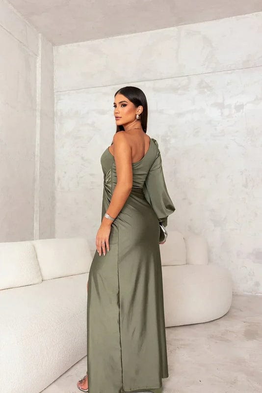 Nina | Women's One Shoulder Satin Maxi Dress Sage Green
