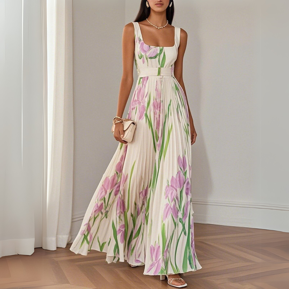 Ivy | Women's Floral Maxi Dress Cream Pleated Sleeveless